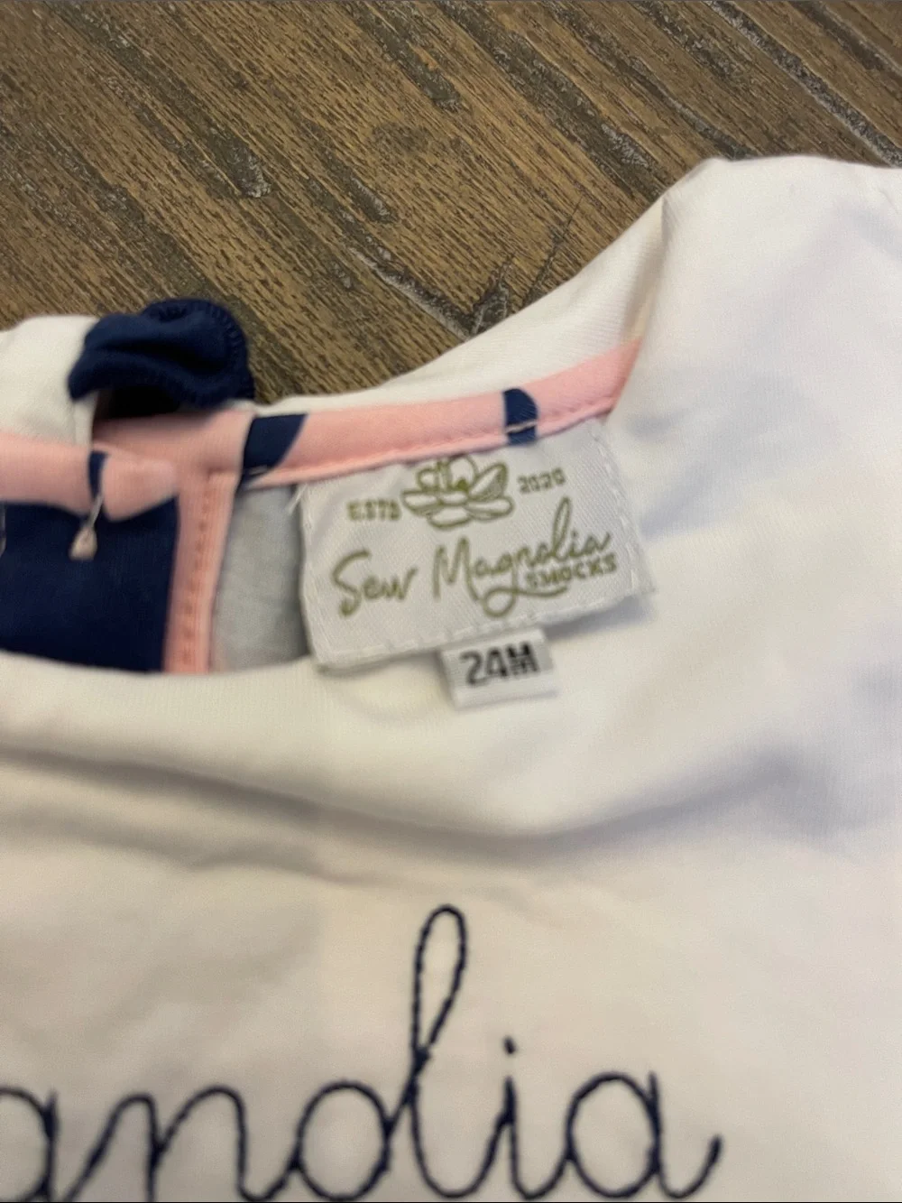 Sew Magnolia Pink and Navy Apple Print Dress with Navy Bloomers Magnolia